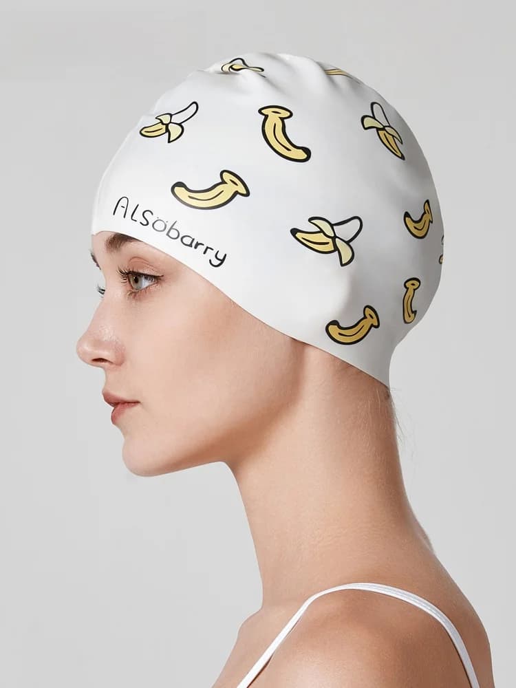 Women's Swimming Set: Anti-Intasting Silicone Head Cover for Large Heads and Long Hairs, Occhialini and Swimwear Fabric with Cartoon Motives