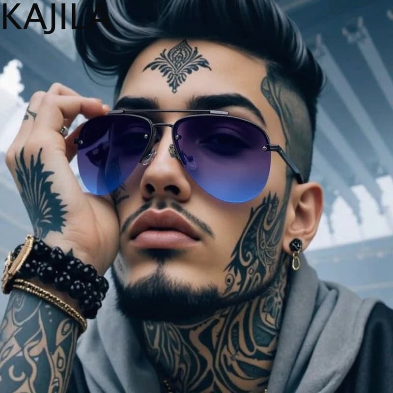 Semi-Rimless Pilot Steampunk Sunglasses Men 2026 Luxury Brand Vintage Punk Oval Sunglass Trendy Metal Double Beam Shades UV400