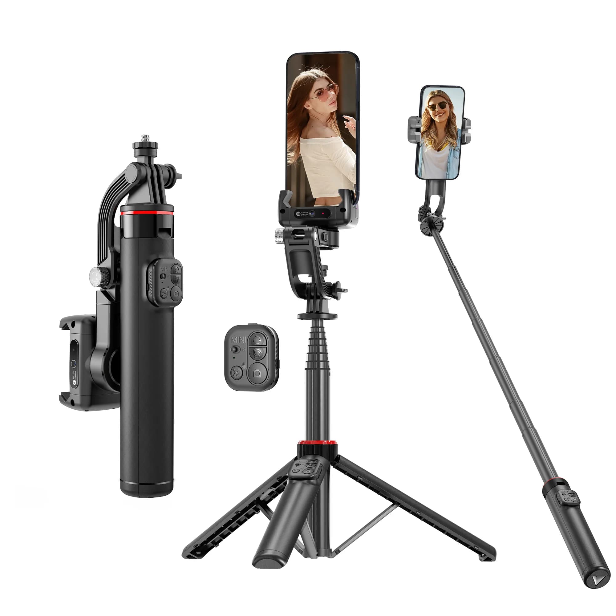 Stabilizzatore Gimbal con Tracciamento Facciale AI, Treppiede Multifunzionale Extra-Lungo e Asta Selfie Stabile