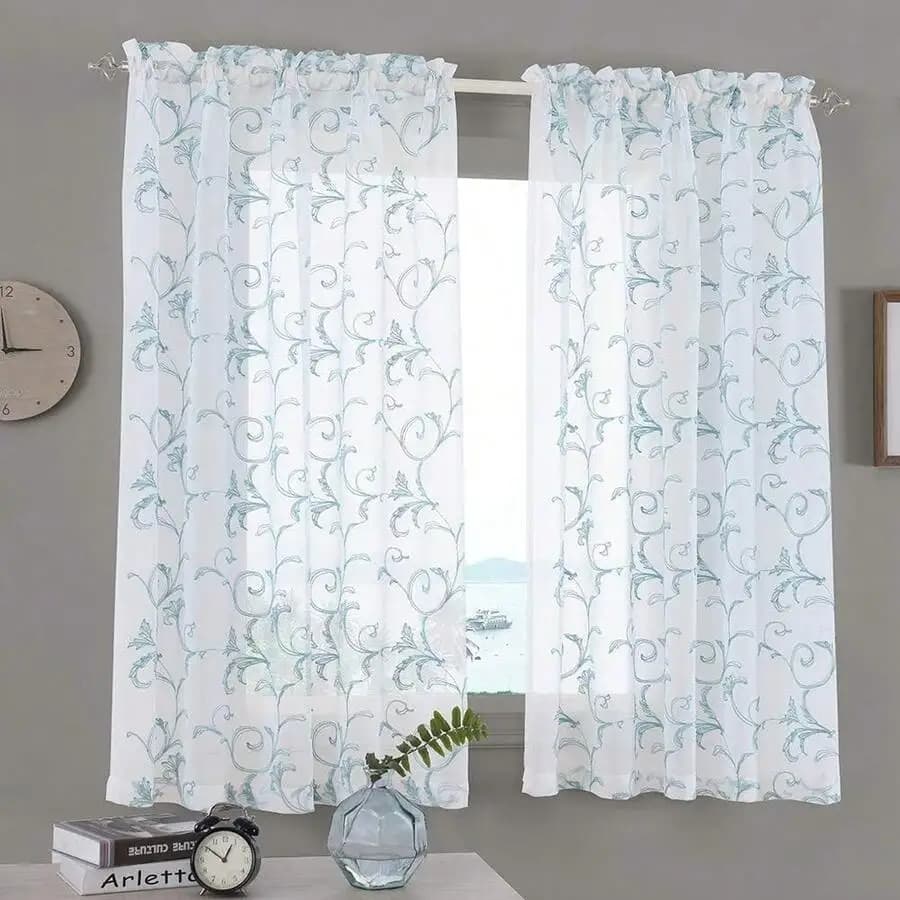 Floral Embroidered Sheer Voile Curtains Rod Pocket 52x84 Inches Semi Crinkle Living Room Bedroom Decor
