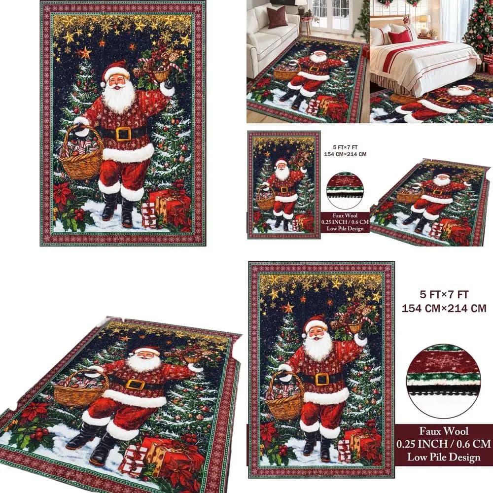 Tappeto natalizio 5x7 con Babbo Natale e albero, morbido tappeto lavabile antiscivolo per soggiorno, camera da letto, cucina, sala da pranzo