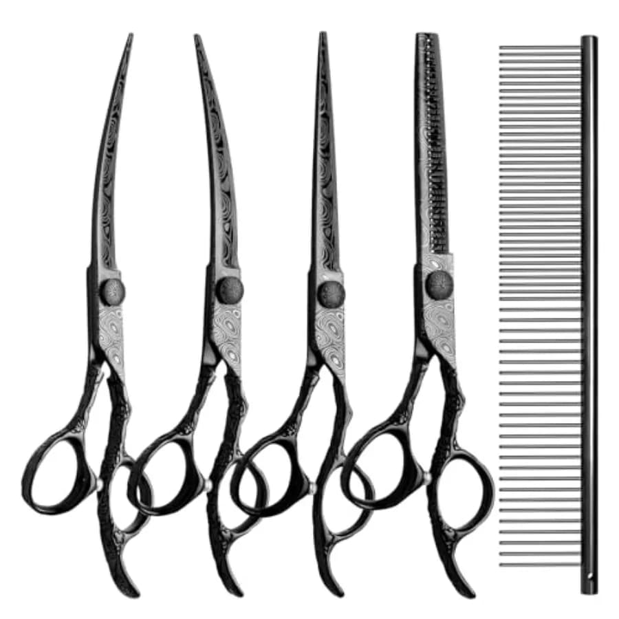 Forbici per Toelettatura Cani Nere con Punte Arrotondate di Sicurezza, Set Professionale 5 in 1 di Forbici Curve per Toelettatura Animali