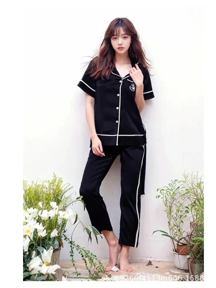 19 Momme 100% Mulberry Silk Kimono Pajamas Set Women's Summer Short Sleeve Top and Long Pants Nightwear Button Down Loungewear