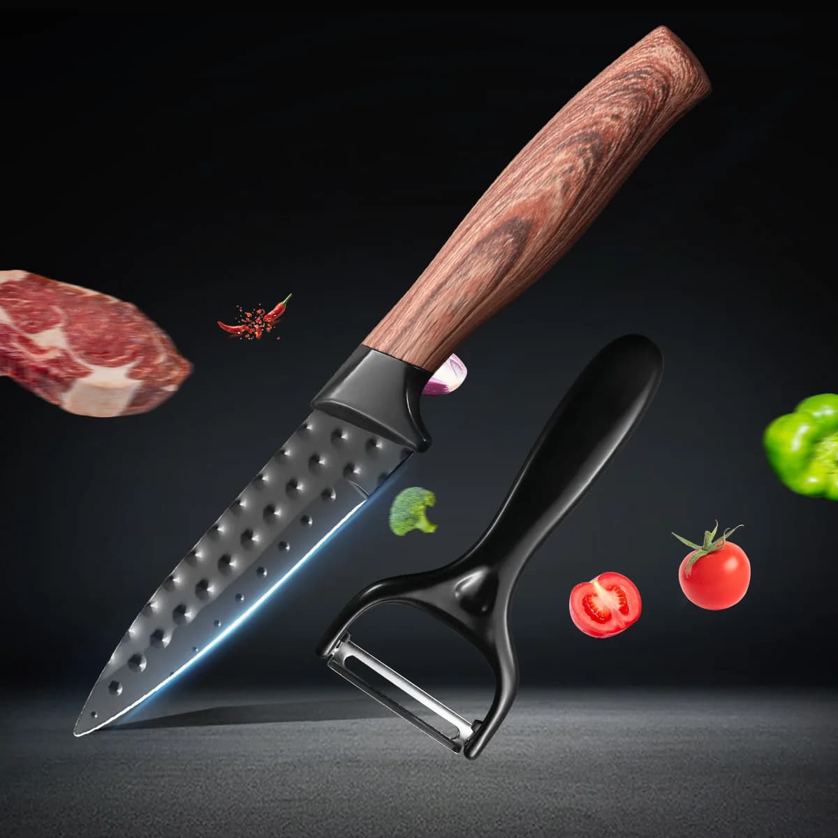 Coltello da frutta in acciaio inossidabile Coltello da sbucciare Set da due pezzi Coltello antiaderente con venature del legno imitazione Coltello da frutta da cucina Pialla per melone Set domestico Antibatterico affilato