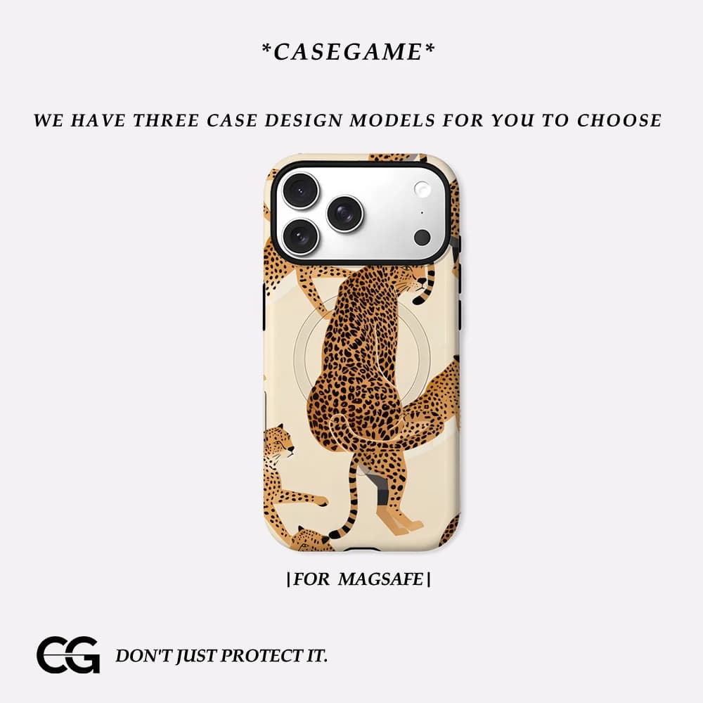 Casegame Cover Opaca Antiurto per iPhone 17 16 15 14 Plus 13 Pro Max con Bumper per MagSafe, in PC Rigido, Minimalista, Beige Leopardato
