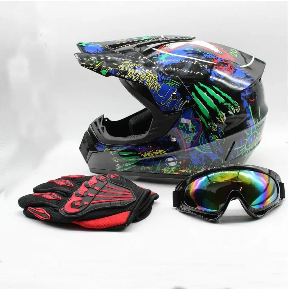 Kit Casco da Motocross Taglia M 21.65-22.05in - Set Completo con Occhiali e Guanti, Materiale ABS Premium, Robusto e Durevole per Moto