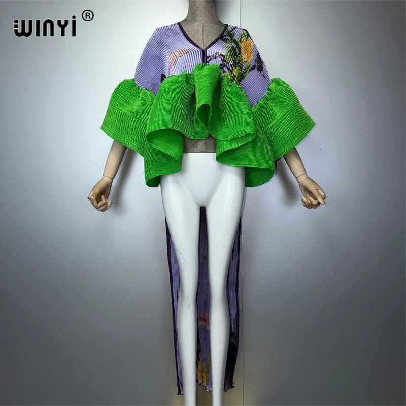 WINYI Women's Pleated Maxi Party Dress Irregular Crumple Design Loose Fit Sexy Evening Gown Poncho Top Robe