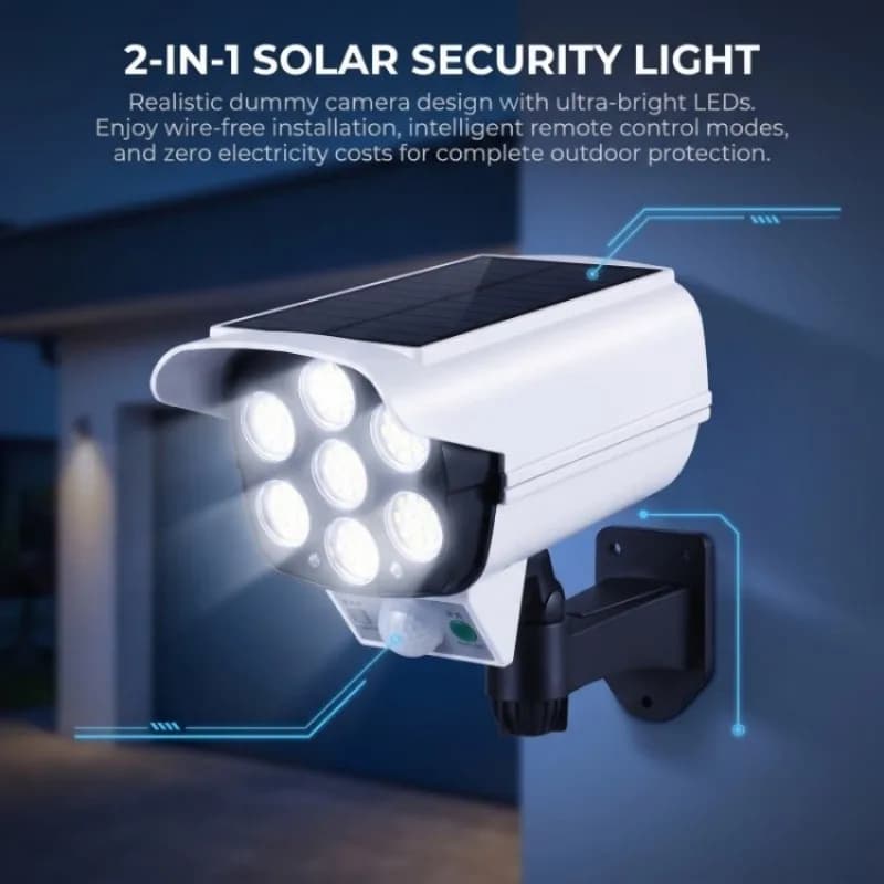 Solar Security LED Flood Light Motion Sensor Fake Camera Wall Lamp IP65 Waterproof Dusk to Dawn Auto-On for Garden Yard Patio