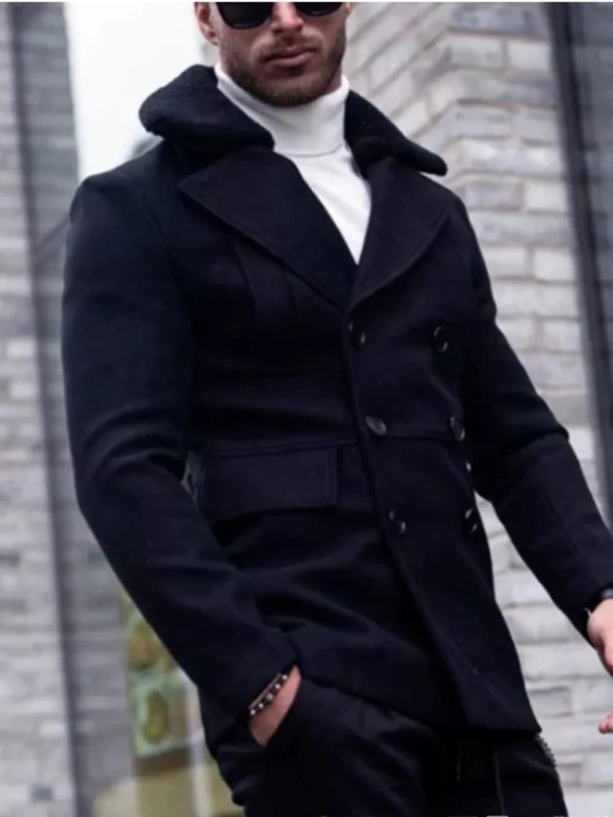 Cappotto da Uomo di Design Britannico Autunno Inverno con Collo in Pelliccia, Giacca Elegante Lunga a Doppio Petto in Tinta Unita