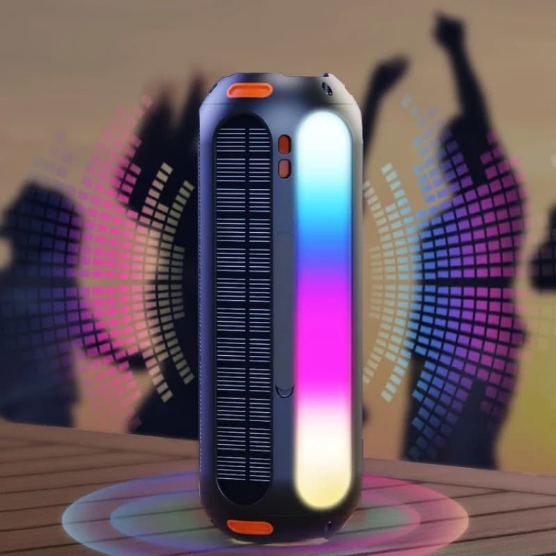 Altoparlante Bluetooth Solare da 5000mAh, Impermeabile IP66, Resistente alla Polvere, Suono Potente da 20W, Luce RGB Colorata, Abbinamento TWS per Esterni
