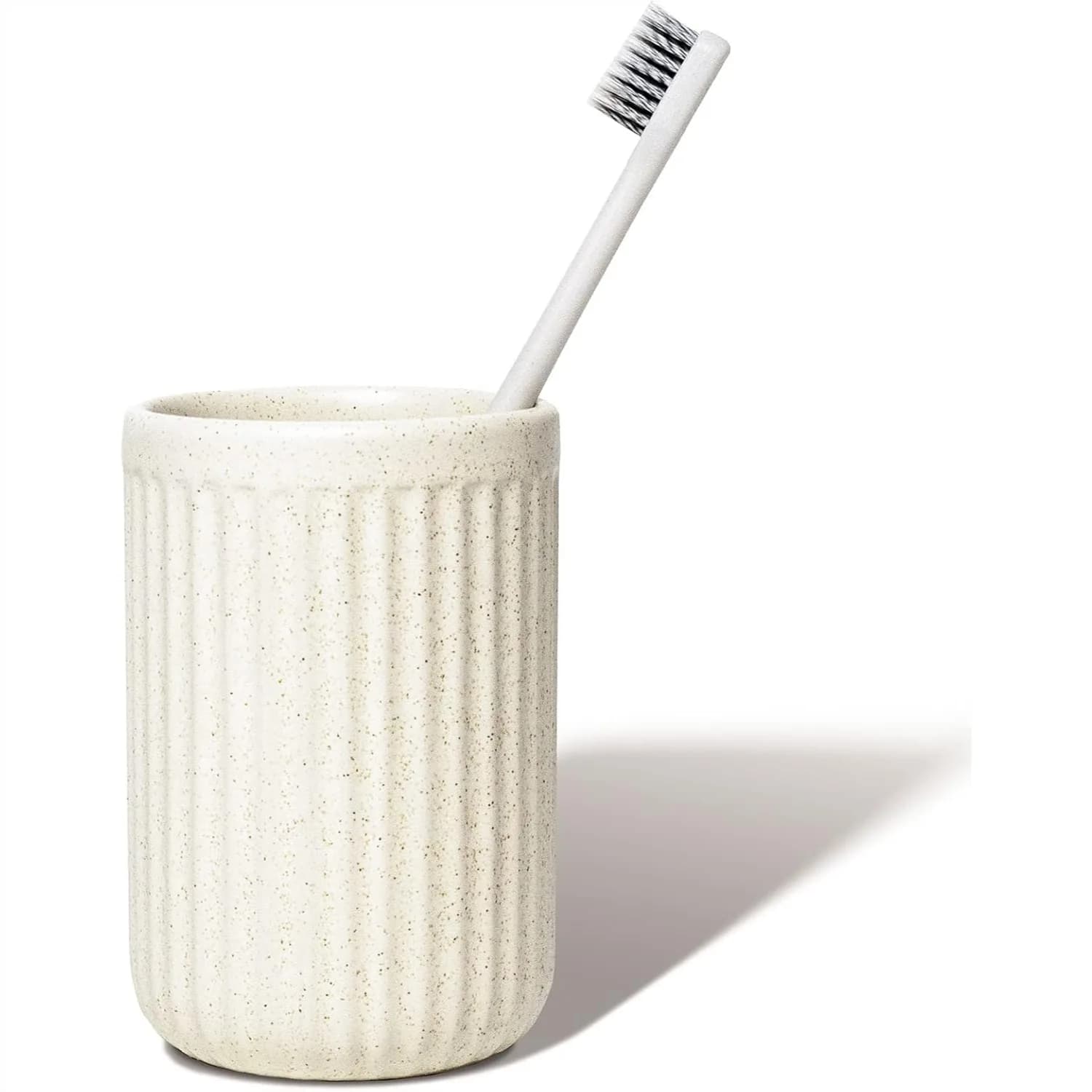 Portaspazzolino in Ceramica Beige Maculata, Contenitore Cilindrico Ondulato per Bagno, Organizer Multiuso