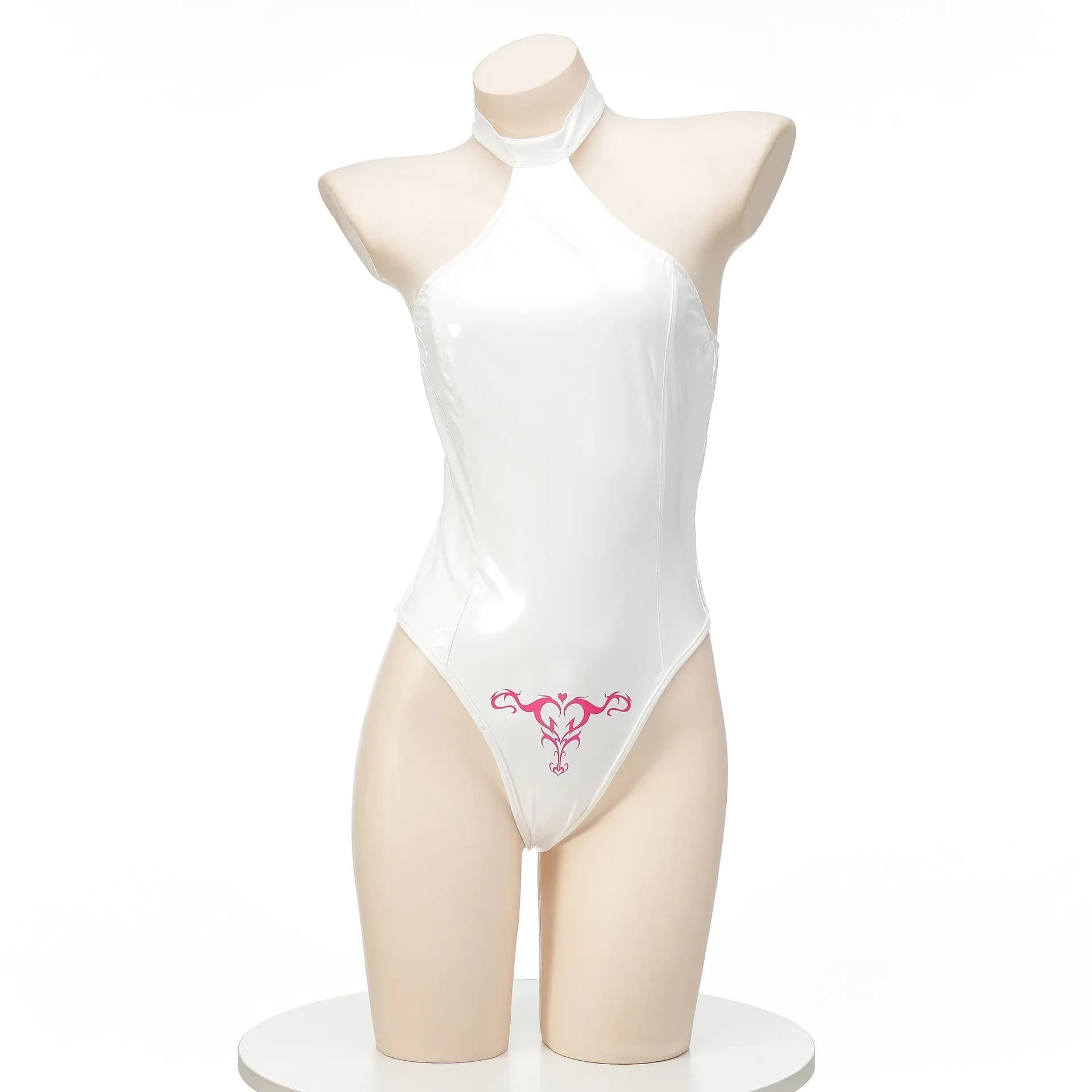 2026Women Swimwear Anime Print Patent Leather Tight Bodysuit Uniform Swimsuit Cosplay Costume