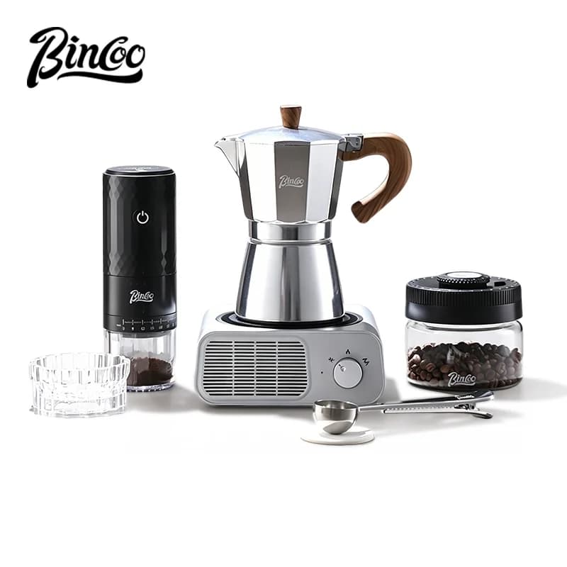BINCOO Single Valve Moka Pot Kit Electric Heater + Manual Coffee Grinder 3Cups 6Cups Home Italian Espresso Coffee Maker