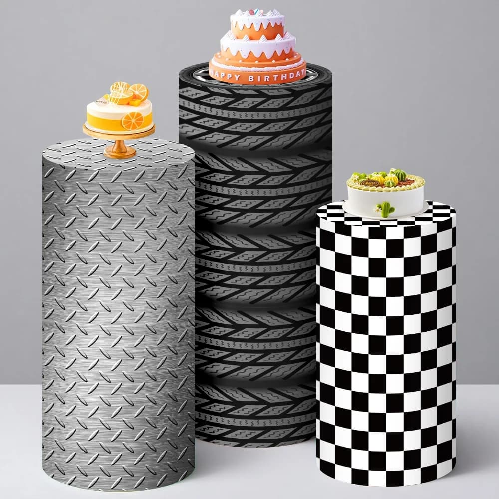Copertura per fondale cilindrico per compleanno bambini, decorazioni per feste a tema auto da corsa, ruote per ragazzi, supporto per torta baby shower, piedistalli, copertura per fondale