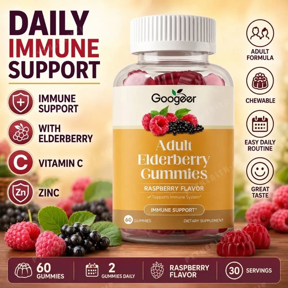 Black Elderberry Gummies with Vitamin C & Zinc, Raspberry Flavor, 60 Count, Daily Wellness Gummy Supplement for Adults