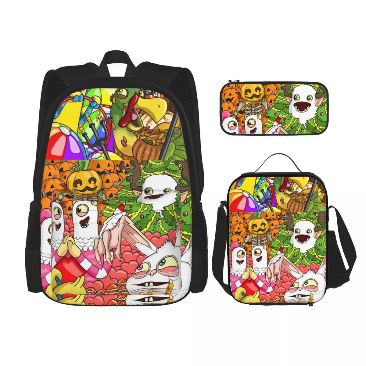 My Singing Monsters 3pecs/set Backpack for Student Video Game Daypack Lunch bag Pencil Case