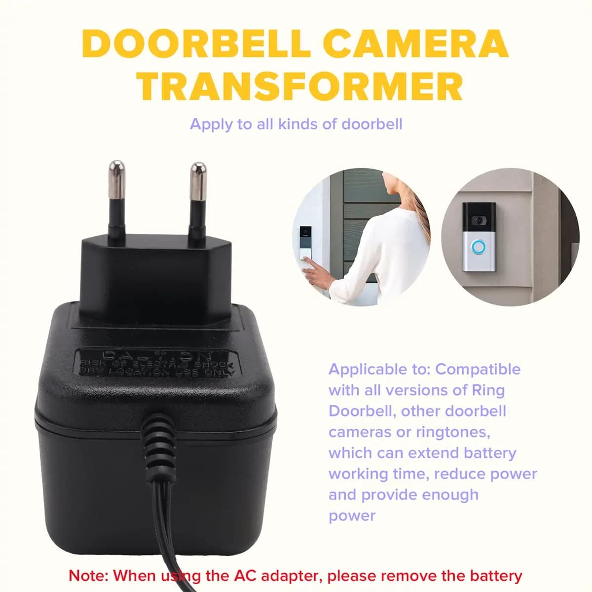 Adattatore di Alimentazione AC per Campanello, Trasformatore 18V 500mA, Cavo da 10M, Compatibile con Ring Doorbell, Videocitofono con Spina EU