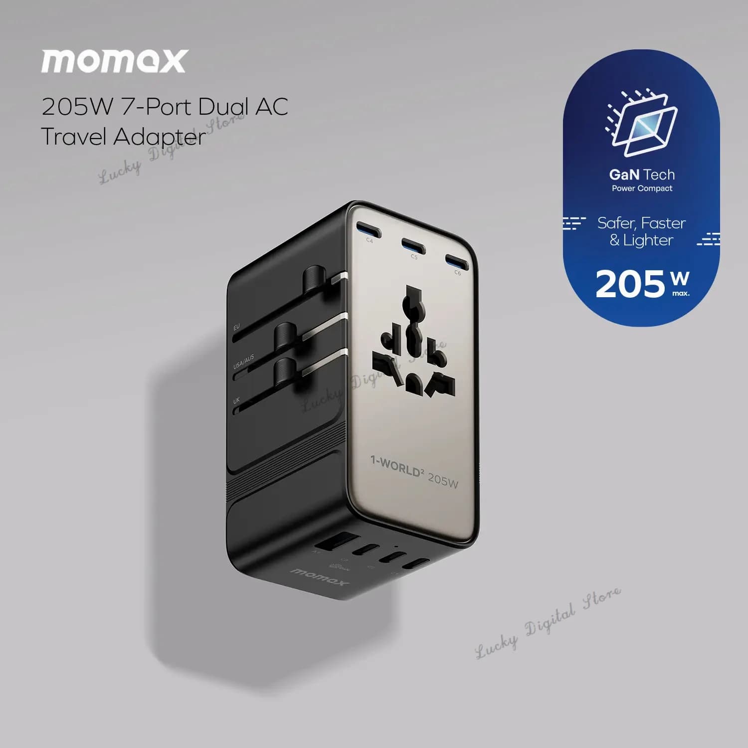 MOMAX 1-World2 Adattatore da viaggio CA doppio da 205 W a 7 porte Caricatore GaN Spina da viaggio internazionale per viaggiatori globali Laptop Tablet