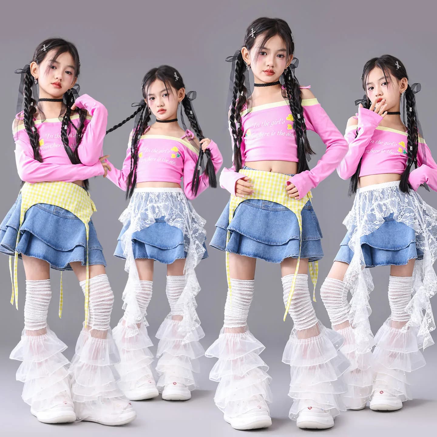Abbigliamento Hip Hop Kpop per bambini T-shirt corta con scollo a barca rosa Gonna a strati blu in denim Pantaloni jeans strappati per ragazze Costumi di danza Vestiti