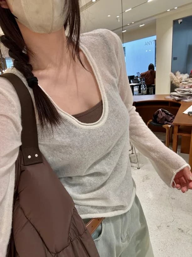 PEACHZHOU Maglione Casual da Donna a Maniche Lunghe in Maglia, con Scollo a U in Pelo di Cammello, Reversibile, Maglia Base Modellante, Corta e alla Moda