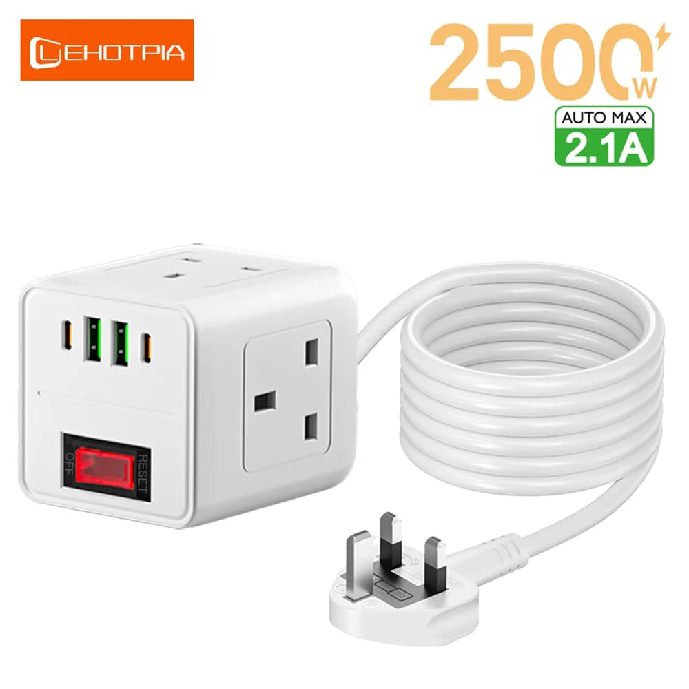 Adattatore per presa multipla da 2500 W UK Prese CA multi-ap USB Type-C con protezione da sovraccarico Presa per cavo di prolunga da 2 M con interruttore