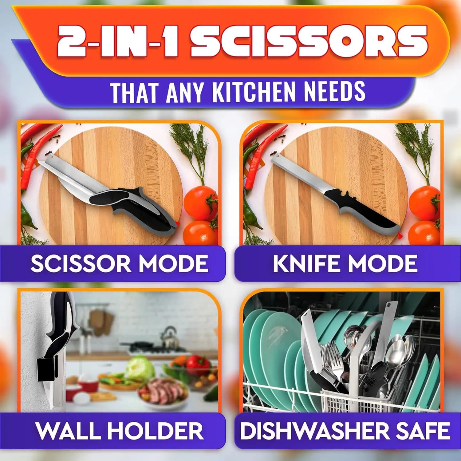 2 in 1 Kitchen Scissors for Food – Stainless Steel 9.5" Tomato Knife Chops Vegetables, Fruit, Cheese, Meat in Seconds | Dishwasher Safe Cutting Board Scissors with Safety Lock – Kitchen Gift for Dad