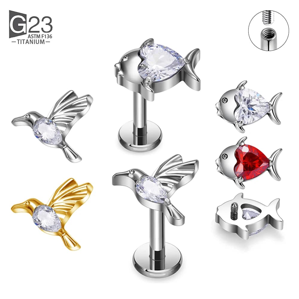G23 Titanio PIERC Pesce Uccello EAR Stud CZ Pavimenta Top Cartilagine Trago Orecchini Orecchio Labbro Lingua Helix Borchie Gioielli Penetranti Del Corpo