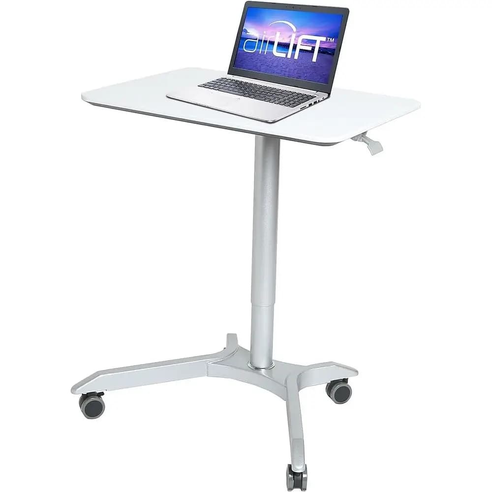 Carrello per scrivania portatile regolabile in altezza pneumatico 28, mobile sit-stand, bianco
