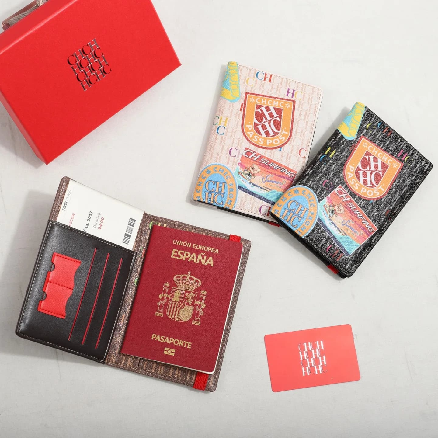 CHH Print Passport Holder Travel Document Organizer PU Leather Multi Card Slots ID Air Ticket Storage Wallet