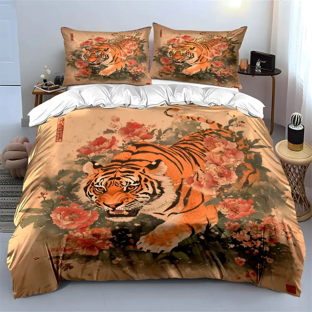 Set di biancheria da letto con decorazioni floreali a tema tigre, con 1 copripiumino e 2 federe, singolo, matrimoniale, king size, queen size, idea regalo