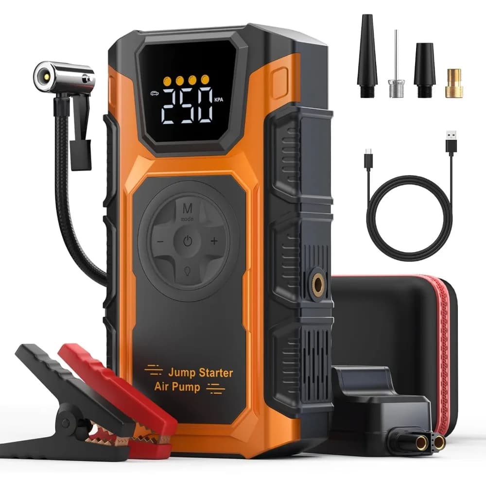 Avviatore di emergenza con compressore d'aria, caricabatteria per auto da 5000 A. Scatola di emergenza per avviamento di veicoli da 12 V (motori diesel fino a gas da 8,5 litri e 7,0 litri