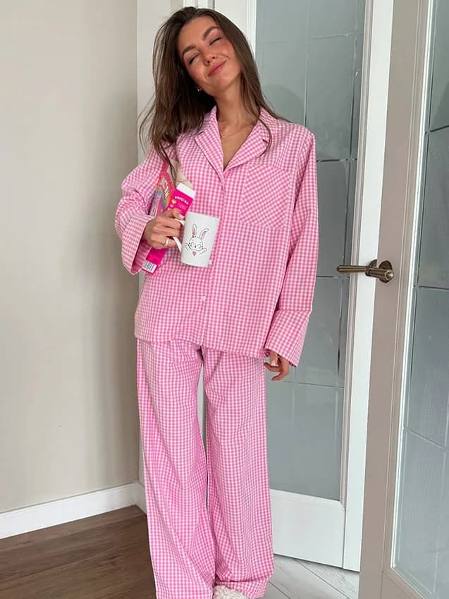 Pure Cotton Plaid Long Sleeve Long Pants Two-Piece Set Women's Home Clothes Can Be Worn outside Pajamas Shirt Pants
