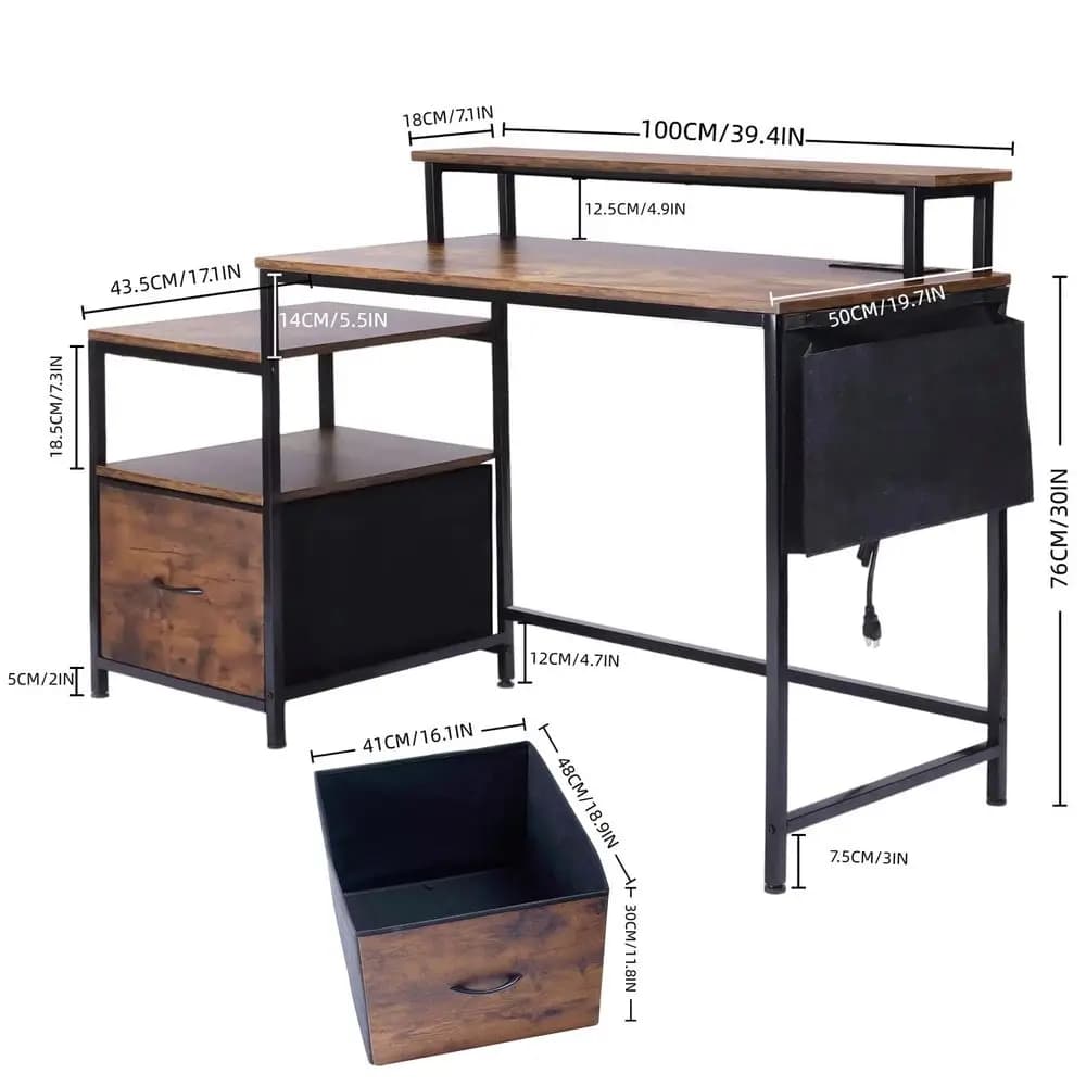 Scrivania per Computer con Luci LED, Porte USB per Ricarica, Supporto Monitor, Cassetto Portaoggetti e Ripiano Laterale con Borsa in Tessuto, 39 Pollici Piccola D