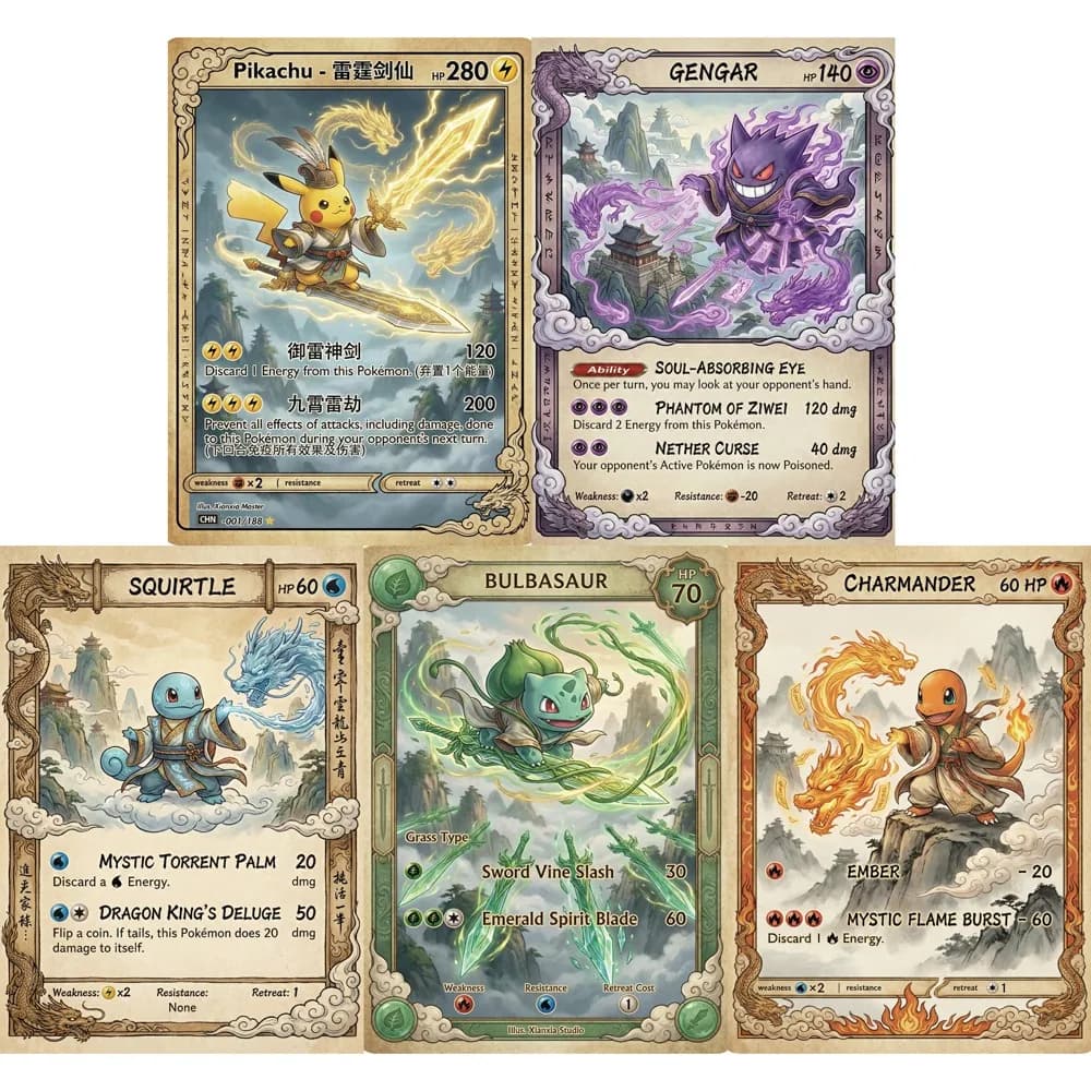 5 Carte Pokémon Gengar Charmander Squirtle Bulbasaur Stile Fantasy Cinese Carte PTCG Olografiche da Collezione Regalo Pokémon