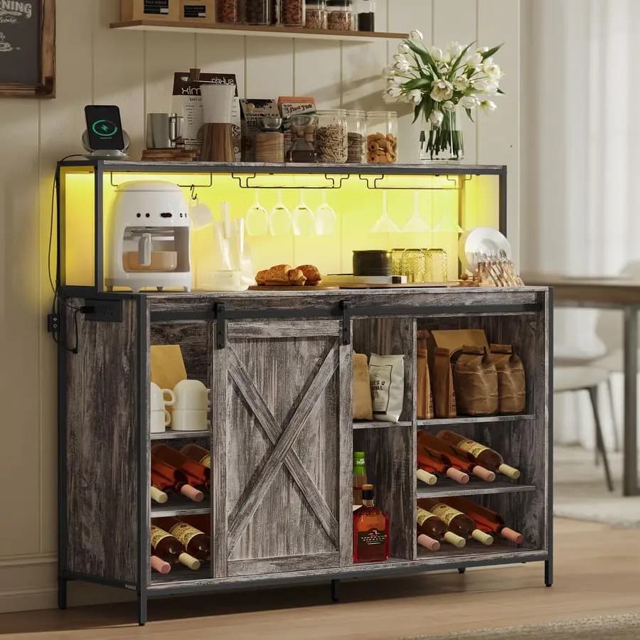 Mobile da bar con presa di corrente e luce LED con controllo vocale, mobile da buffet con ante scorrevoli per fienile, ganci a S, bicchiere da vino Ra