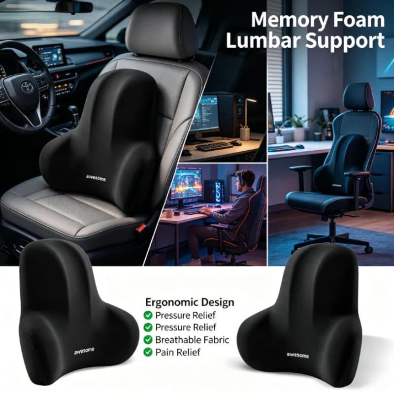 Cuscino Ergonomico in Memory Foam per Supporto Lombare, 2 Pezzi, per Auto, Ufficio, Sedia da Gaming, Sollievo dal Dolore, Uso Domestico