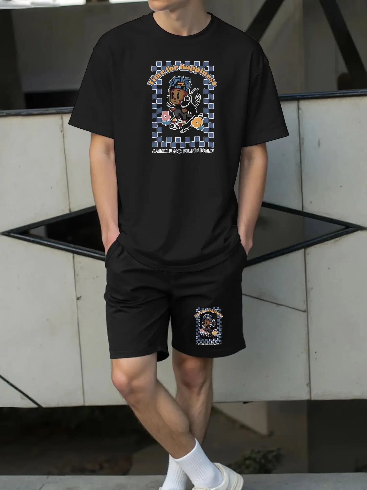 Black men's casual t-shirt with colored graphics and matching shorts | Round neck, short sleeve, slightly elasticized