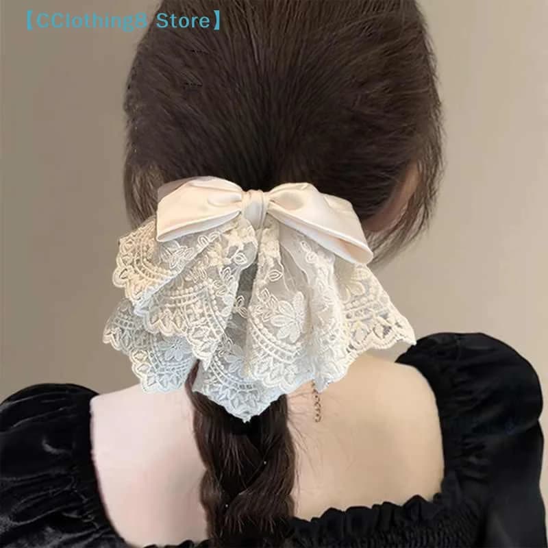 Fermaglio per capelli a coda di cavallo in raso con fiocco in pizzo stile balletto francese, ornamento per capelli delicato e dolce con fermaglio a forma di squalo sul retro della testa【AliS8】