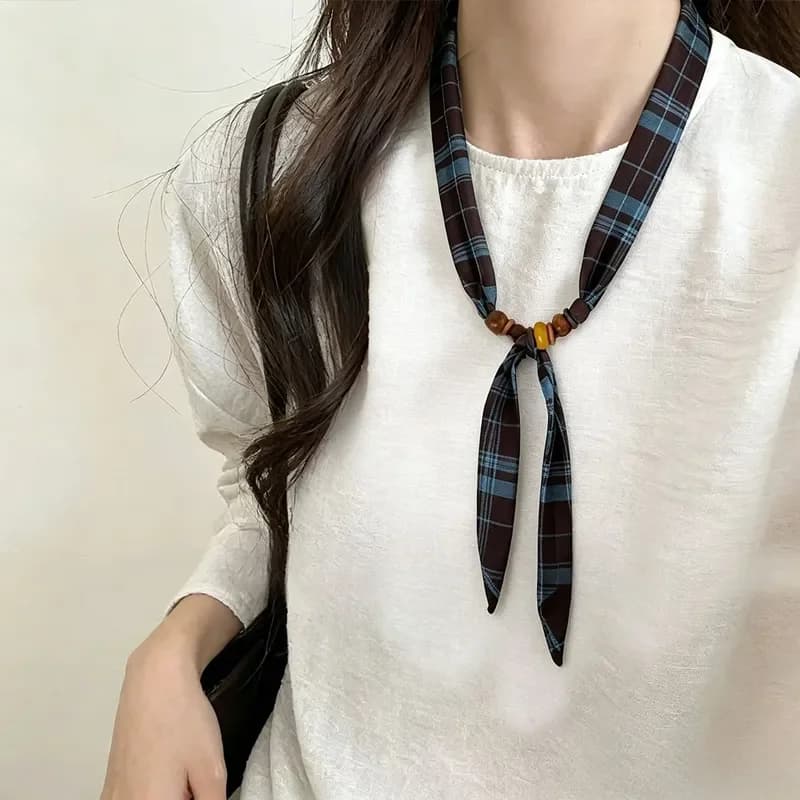 2026 Retro Ethnic Style Thin Narrow Polka Dot Beaded Silk Scarf Women's Long Neck Scarves Fashion Small Clothing Accessories