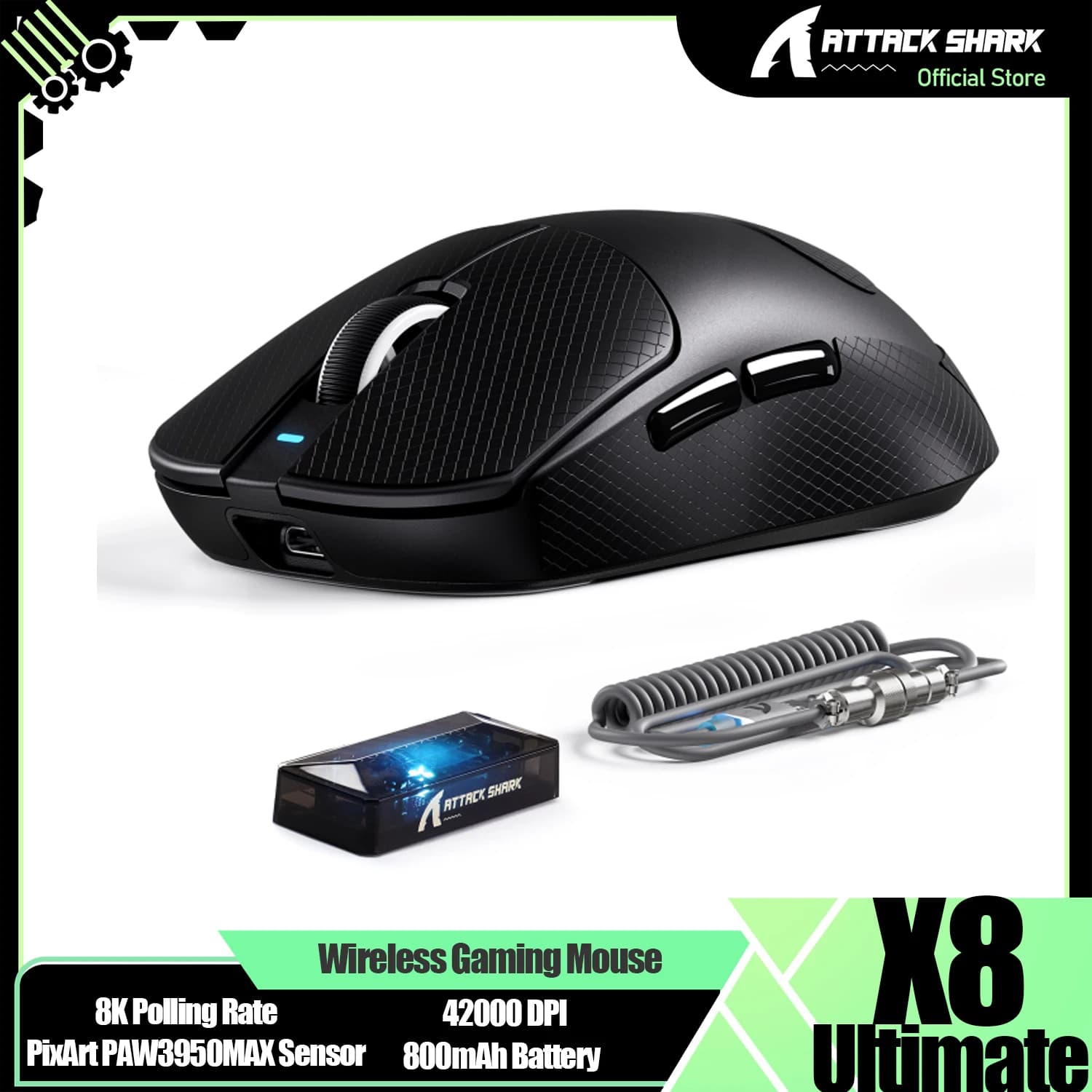 ATTACK SHARK X8 ULTIMATE 8K Wireless Gaming Mouse, Nordic 54L15 MCU, PAW3950MAX Sensor, Large Hand Size, 55g, 42000 DPI, 800mAh