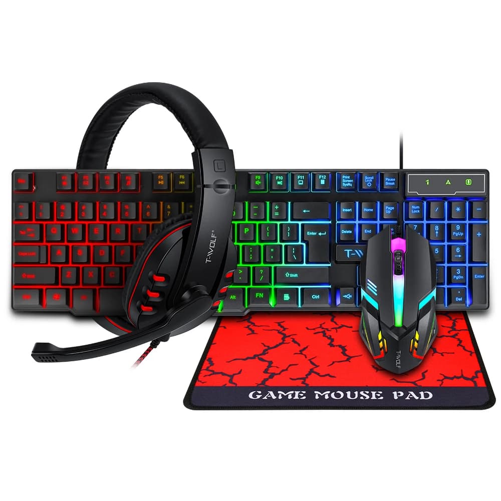 Set from Universal Gaming Four Pieces: Keyboard 104 Keyboards, Mouse with 4 Color Breathable Light, 3.5mm Gaming Headphones, Anti-slip Mouse Mat
