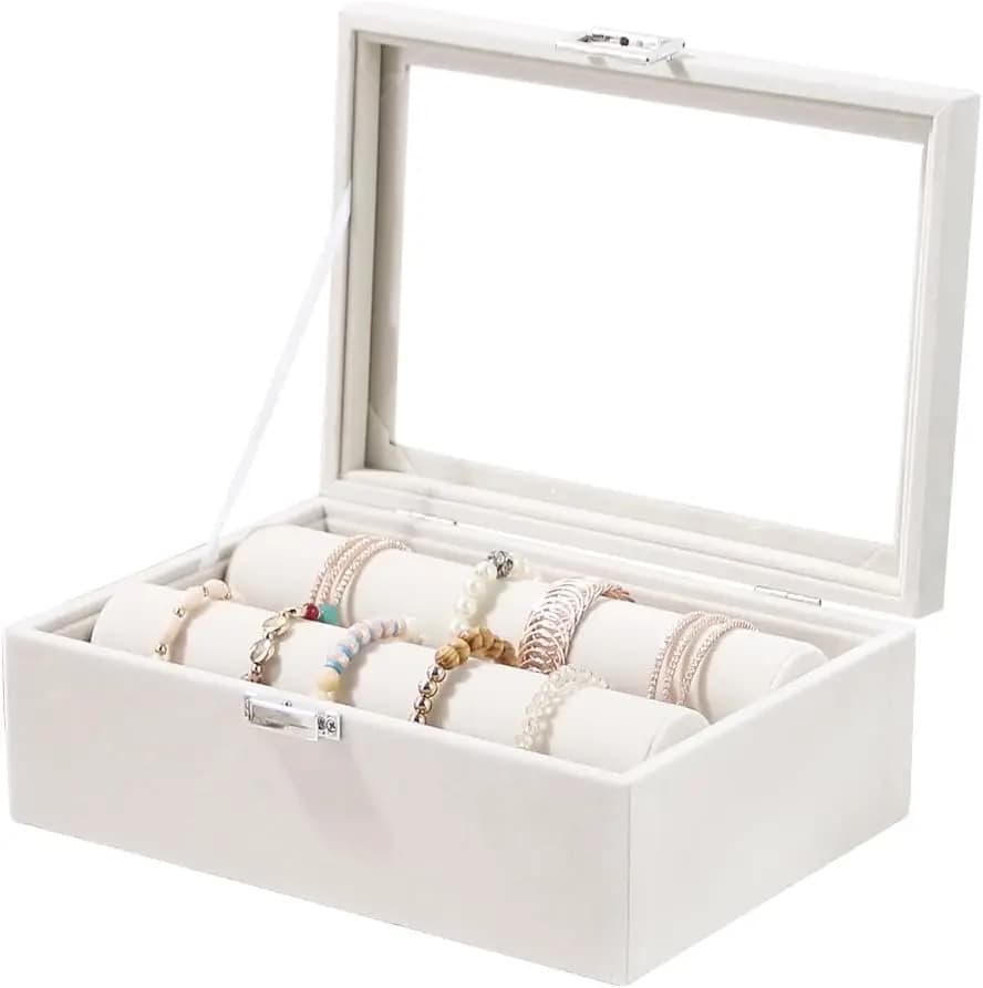 Bracelet box, jewelry case with 2 rods, display tray for women's watches and girl's (Beige)