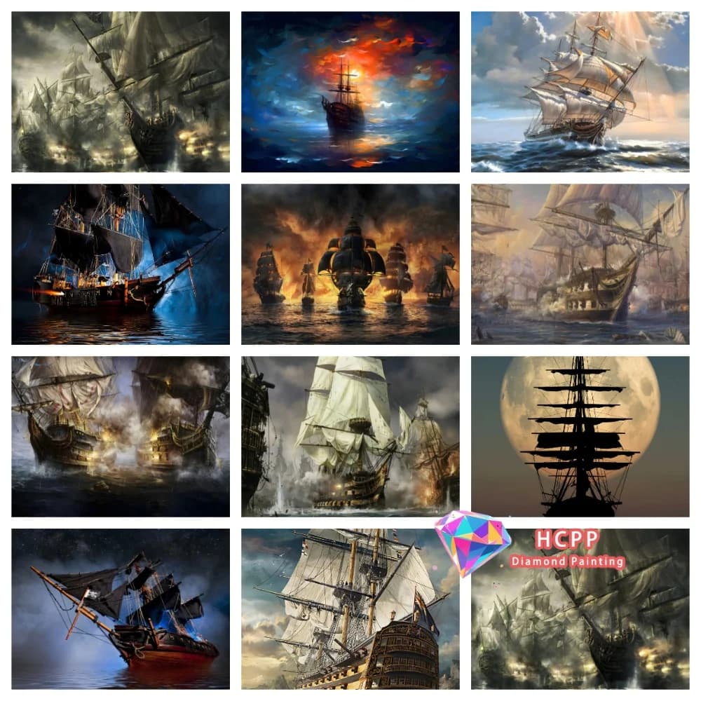 Kit Pittura Diamante Nave Pirata Notte Oscura, Diamanti Quadrati e Rotondi 5D, Mosaico Nautico Fai-da-Te, Arte Artigianale, Regalo Raffinato, Decorazione per la Casa