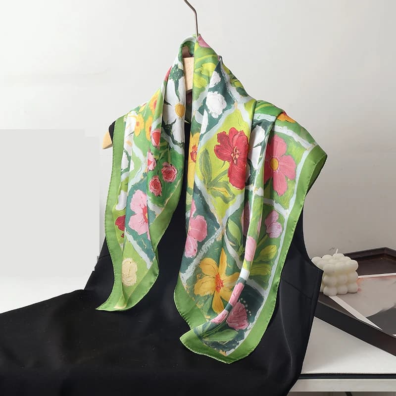 70cm Luxury Floral Print Square Silk Scarf For Women Elegant Hijab Neckerchief Stain Shawl Solid Soft Imitation Silk Scarves