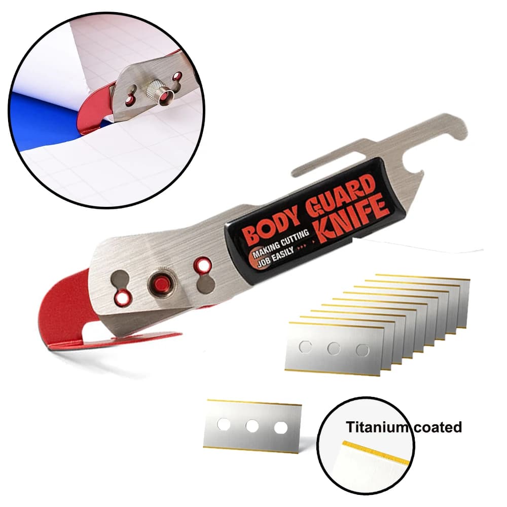 FOSHIO Safety Body Guard Knife +10pcs Double-Sided Sharp Blades Forward/Backward Vinyl Wrap Cutter Paper Film Graphic Slitter