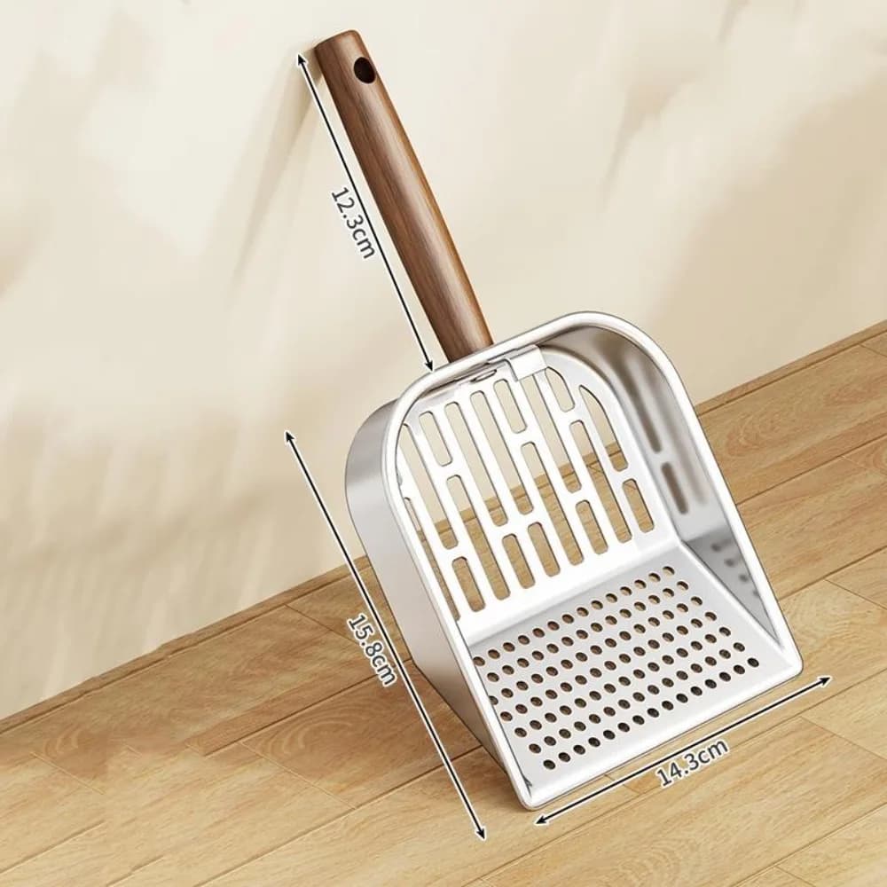 Forniture per gatti Manico in legno Paletta per lettiera per gatti Rimozione dei rifiuti Paletta per sabbia per tofu in acciaio inossidabile Paletta per lettiera facile da pulire