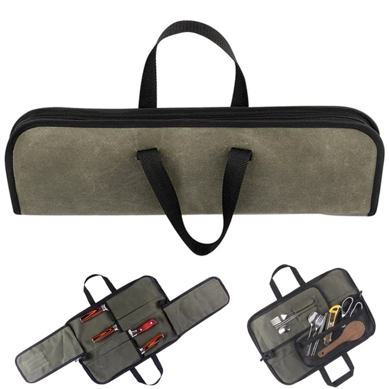 Durable Professional Knife Roll Bag 4 Slot and Tableware Pocket Picnic Chef Kitchen Slicing Santoku Knives Storage Carrying Case