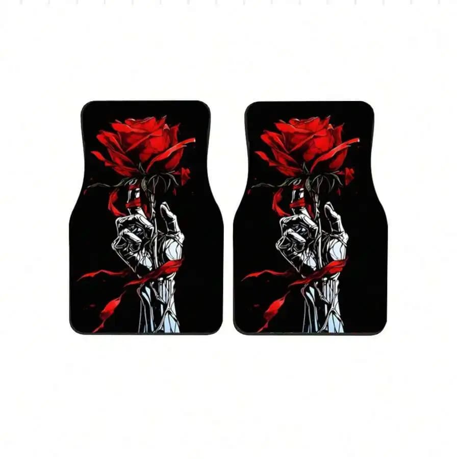 Bone Hand Rose Pattern Car Floor Mats Universal Interior Mats Durable Polyester Non Slip