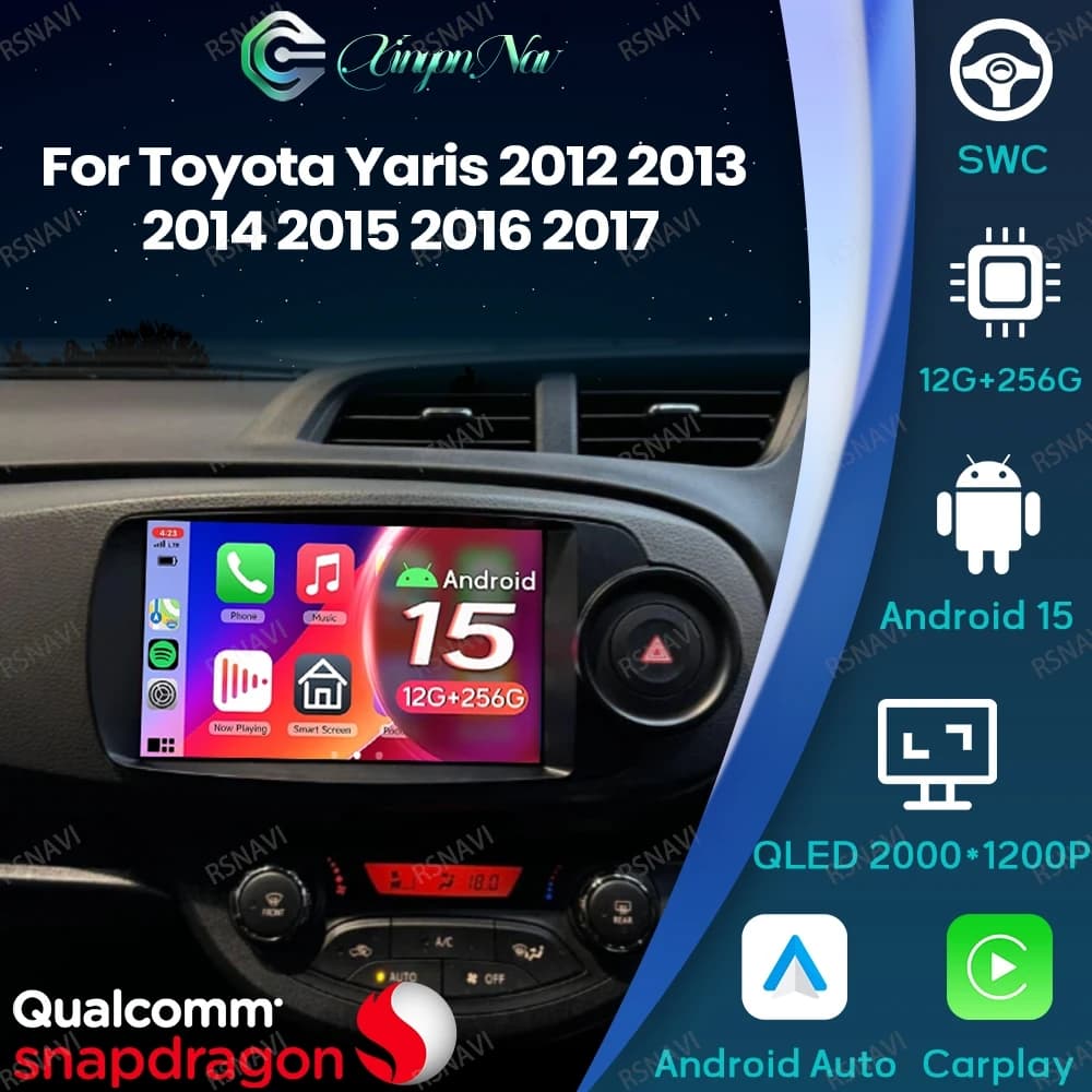 Android 15 Per Toyota Yaris 2012 2013 2014 2015 2016 2017 Stereo Viedo Player AUTO BT 5G WIFI GPS DSP Multimedia Qualcomm QLED