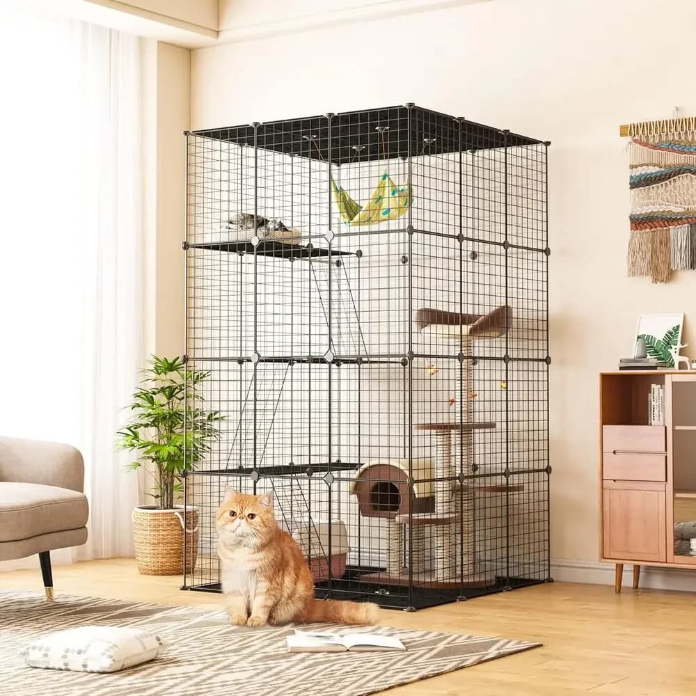 Recinti per Gatti da Interno, Gabbie per Gatti a 3 Livelli in Rete, Grandi, per Finestra o con Lettiera, Gabbie per Animali Domestici o Gatti con 3 Piani